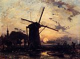 Johan Barthold Jongkind Wall Art - Boatman by a Windmill at Sundown